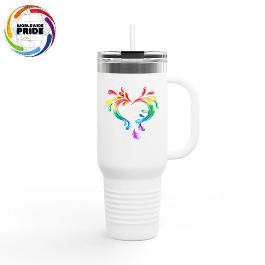 A white travel mug with a handle and straw, showcasing a colorful heart made of water splashes. The Worldwide PRIDE logo with a rainbow globe is in the top left corner, celebrating diversity and love.