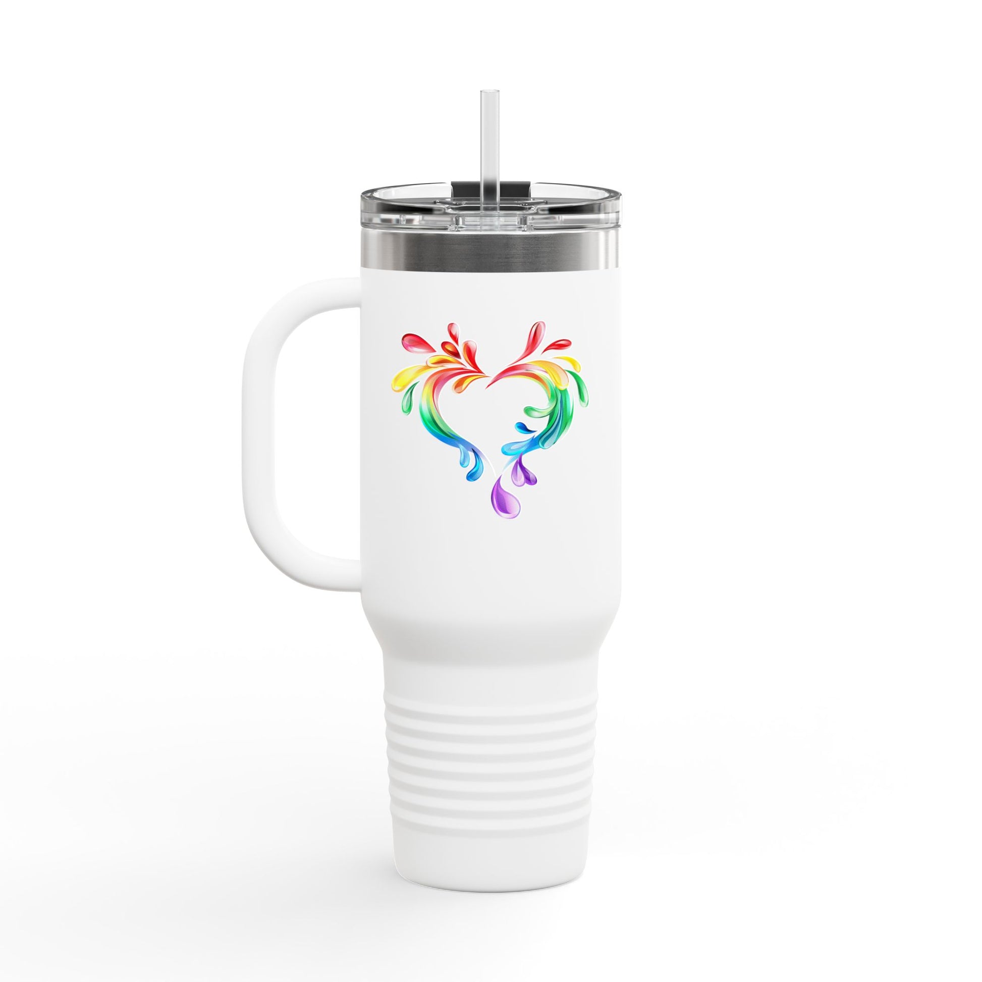 A white travel mug with a handle and straw, showcasing a colorful heart made of water splashes. The Worldwide PRIDE cup is celebrating diversity and love.