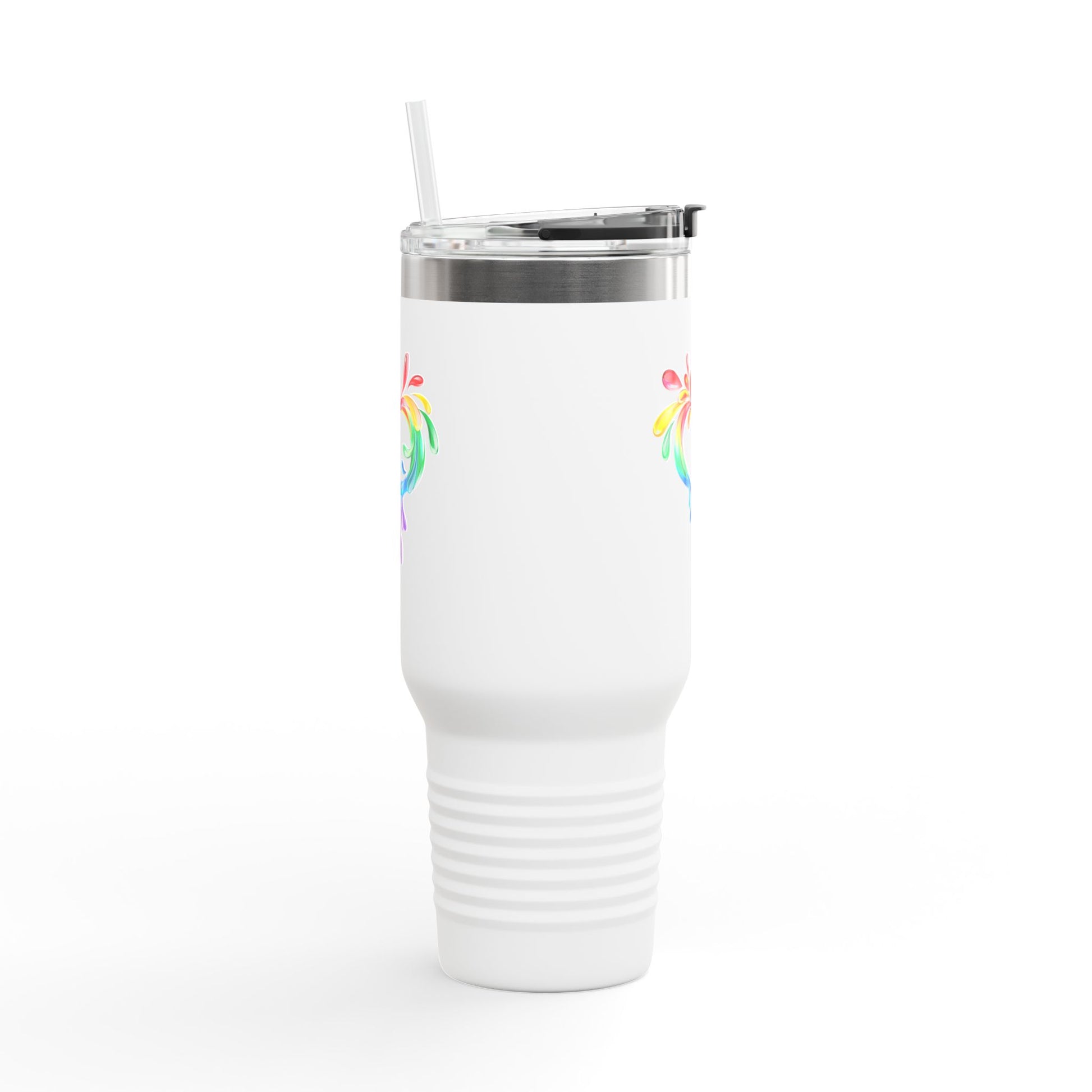 A white travel mug with a straw, showcasing a colorful heart made of water splashes. The Worldwide PRIDE cup is celebrating diversity and love.
