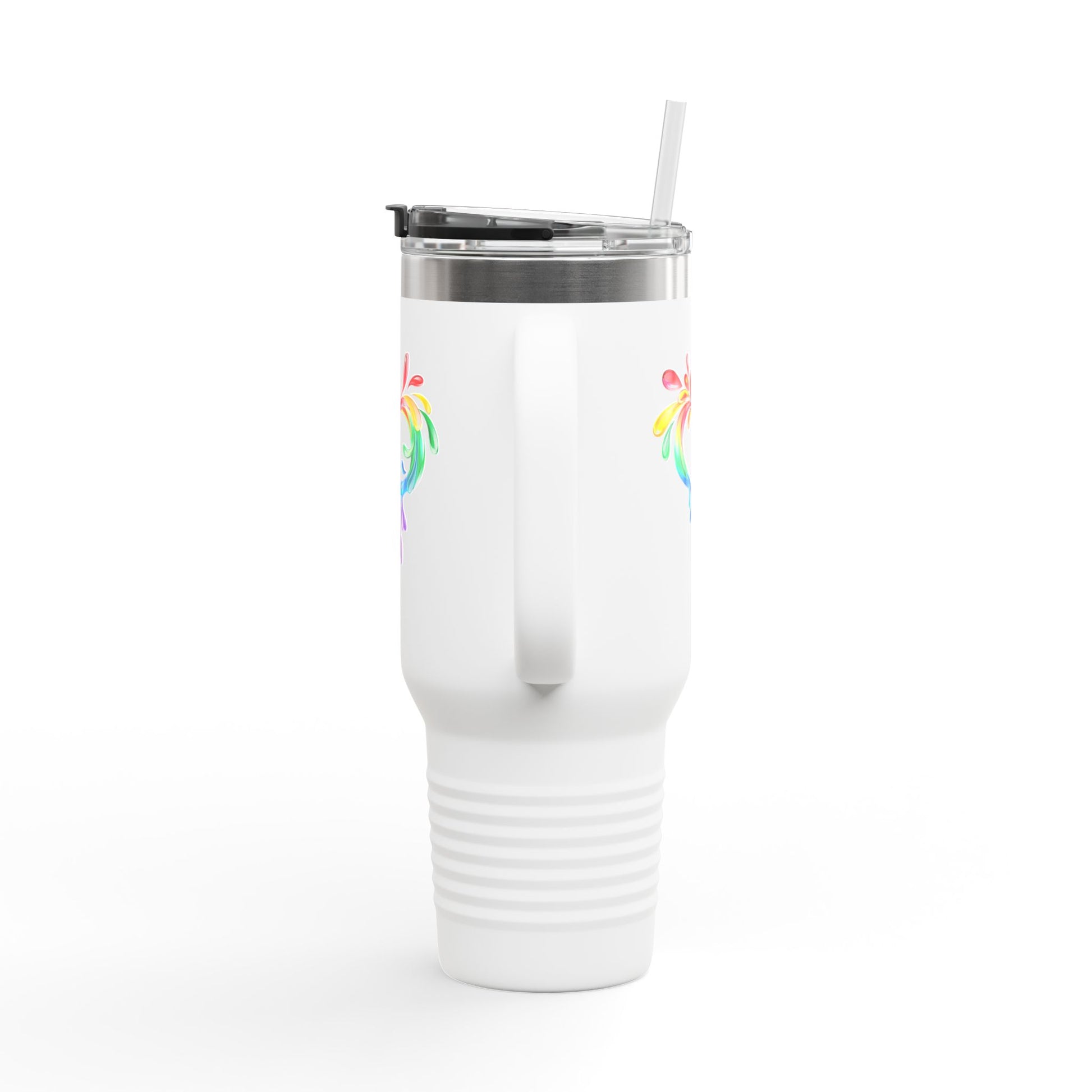 A white travel mug with a handle and straw, showcasing a colorful heart made of water splashes. The Worldwide PRIDE cup is celebrating diversity and love.