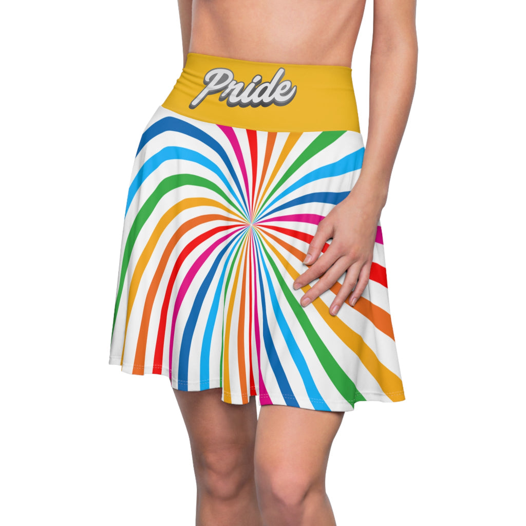 A person is wearing a colorful skirt with a spiral of rainbow stripes converging at the center, celebrating worldwide PRIDE. The yellow waistband features Pride in white script, representing the LGBTQ community, as their hand rests elegantly on the side.