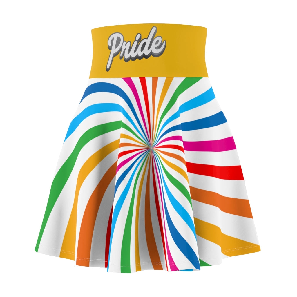A colorful skirt with a spiral of rainbow stripes converging at the center, celebrating worldwide PRIDE. The yellow waistband features Pride written in white script, representing the LGBTQ community, as their hand rests elegantly on the side.