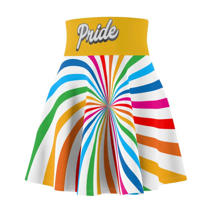 A colorful skirt with a spiral of rainbow stripes converging at the center, celebrating worldwide PRIDE. The yellow waistband features Pride written in white script, representing the LGBTQ community, as their hand rests elegantly on the side.
