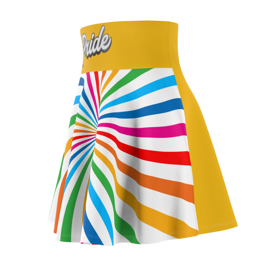 A colorful skirt with a spiral of rainbow stripes converging at the center, celebrating worldwide PRIDE. The yellow waistband features Pride written in white script, representing the LGBTQ community, as their hand rests elegantly on the side.