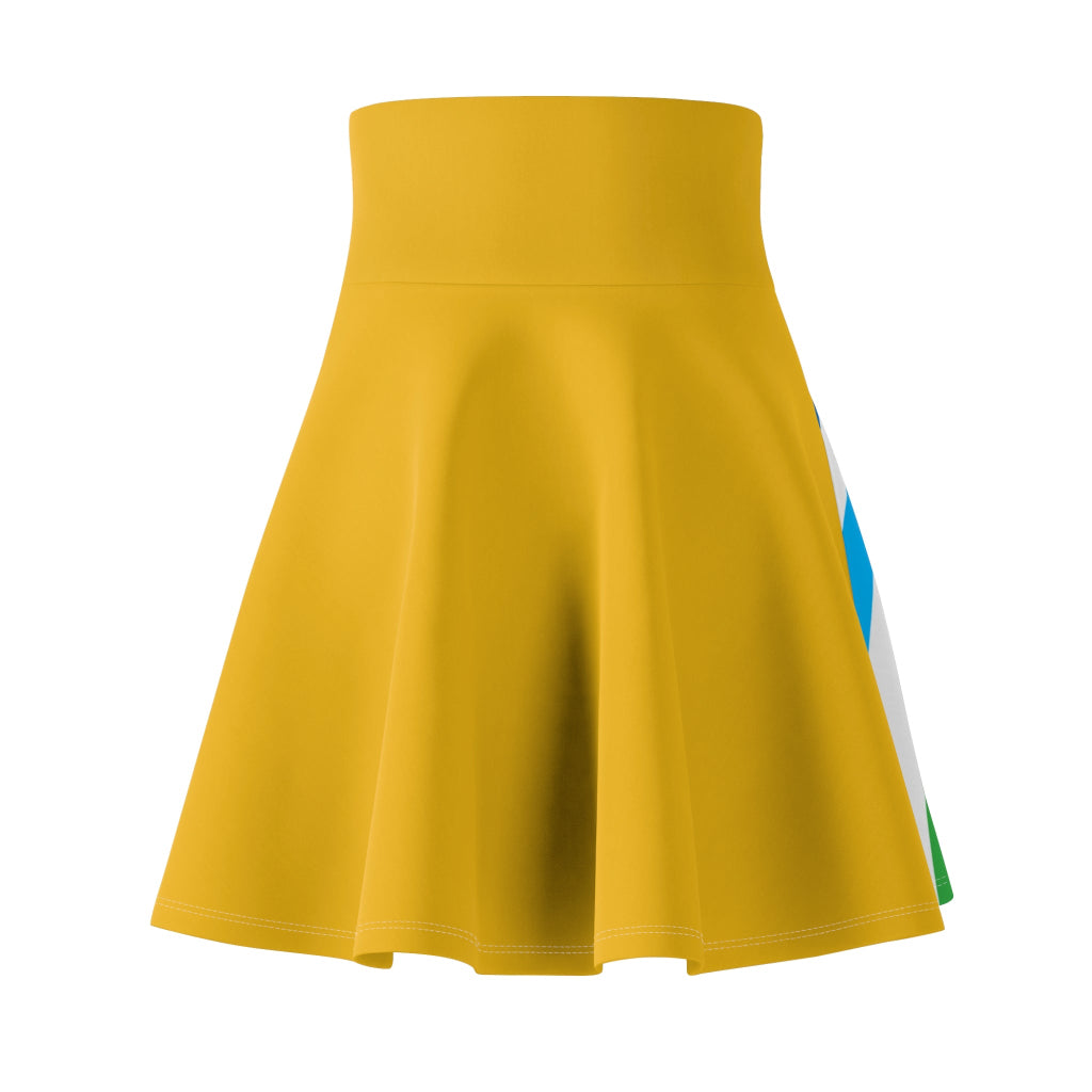 A colorful skirt with a spiral of rainbow stripes converging at the center, celebrating worldwide PRIDE. The yellow waistband features Pride written in white script, representing the LGBTQ community, as their hand rests elegantly on the side.