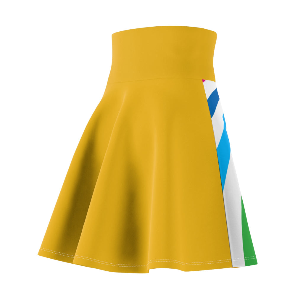 A colorful skirt with a spiral of rainbow stripes converging at the center, celebrating worldwide PRIDE. The yellow waistband features Pride written in white script, representing the LGBTQ community, as their hand rests elegantly on the side.