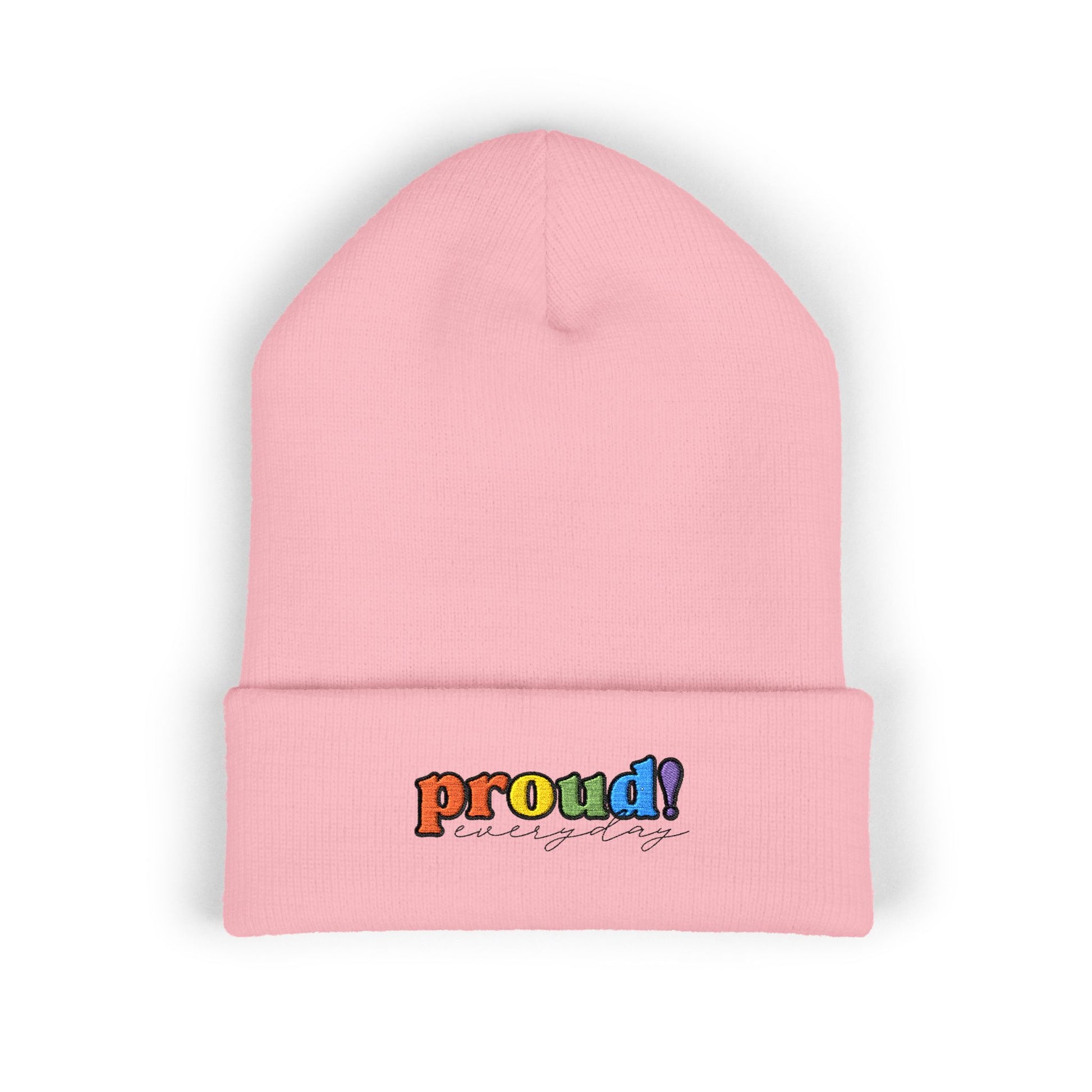 A pink beanie with “proud everyday" embroidered in rainbow colors perfect for the LGBTQ community from the Worldwide PRIDE store.