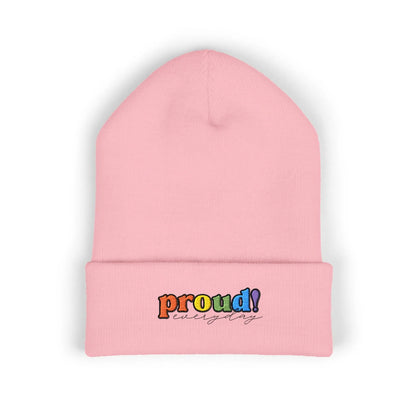 A pink beanie with “proud everyday" embroidered in rainbow colors perfect for the LGBTQ community from the Worldwide PRIDE store.