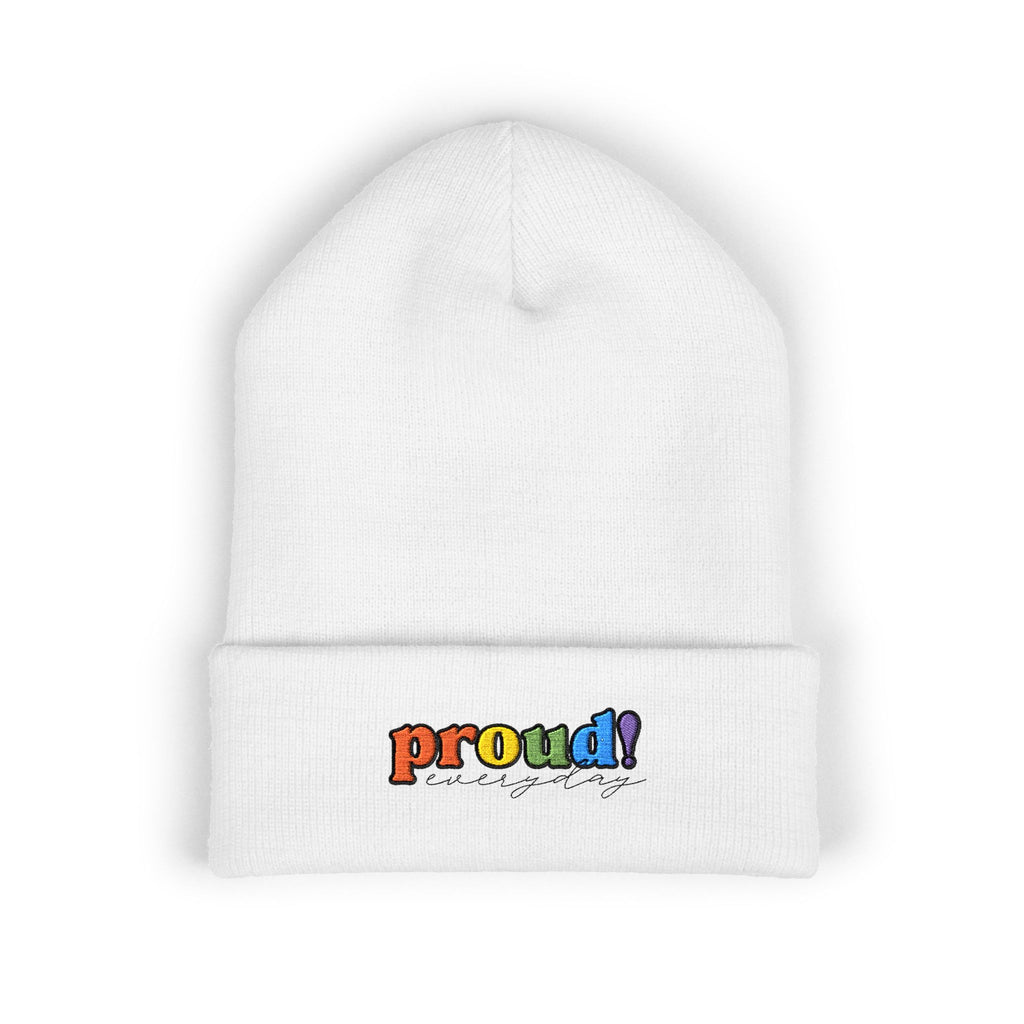 A white beanie with “proud everyday" embroidered in rainbow colors perfect for the LGBTQ community from the Worldwide PRIDE store.