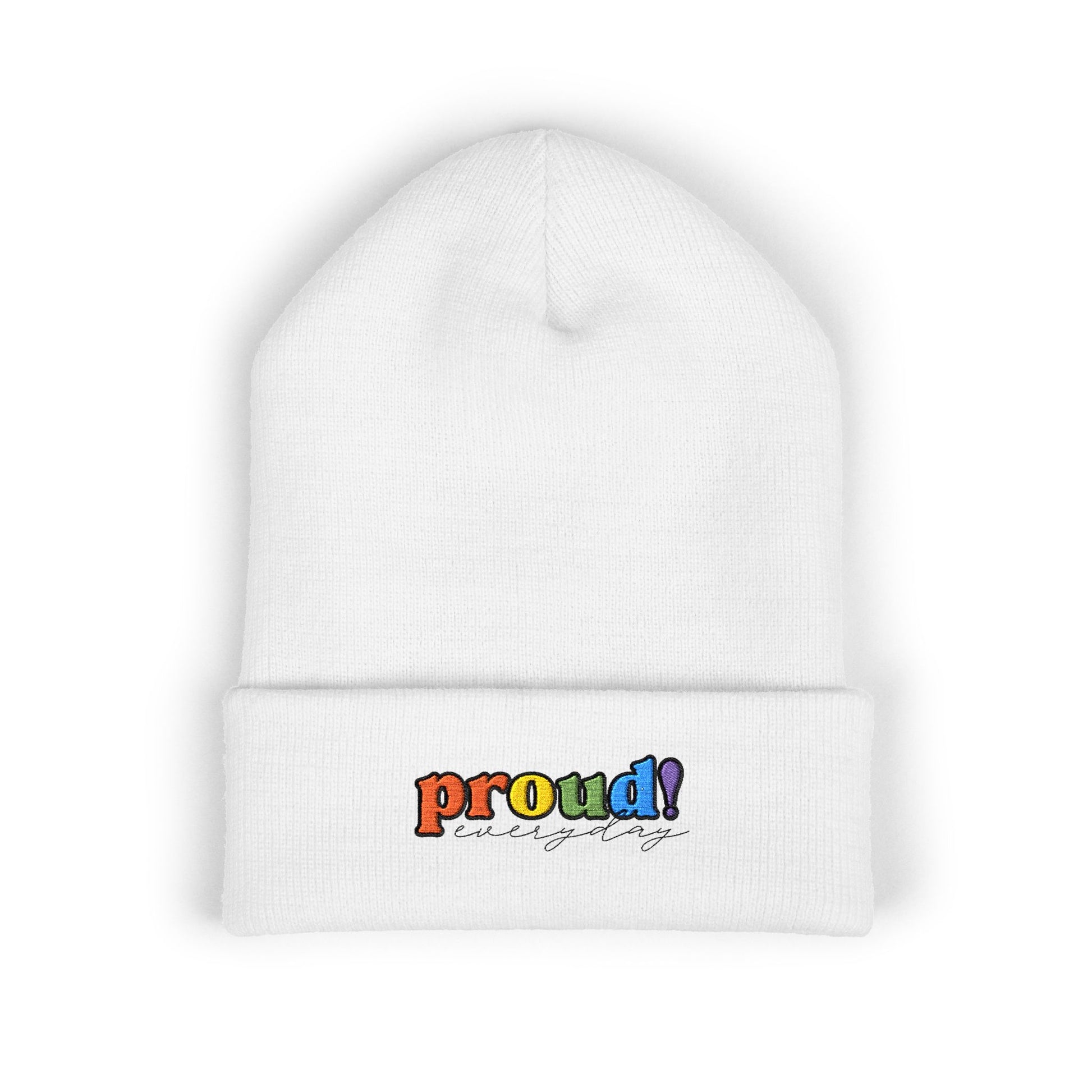 A white beanie with “proud everyday" embroidered in rainbow colors perfect for the LGBTQ community from the Worldwide PRIDE store.