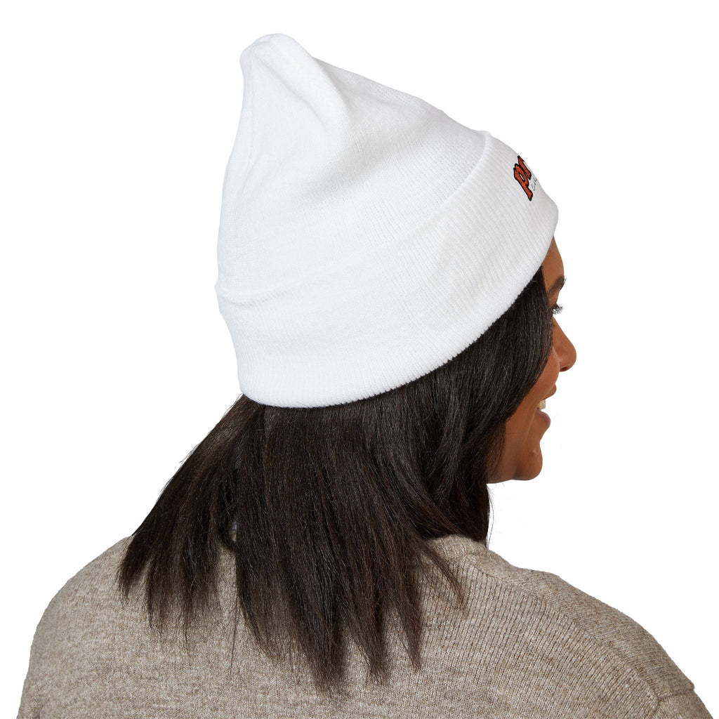 Back view of a person wearing a white beanie with “proud everyday" embroidered in rainbow colors and a heather brown sweater, looking slightly to the side with a neutral expression. Perfect for the LGBTQ community from the Worldwide PRIDE store.