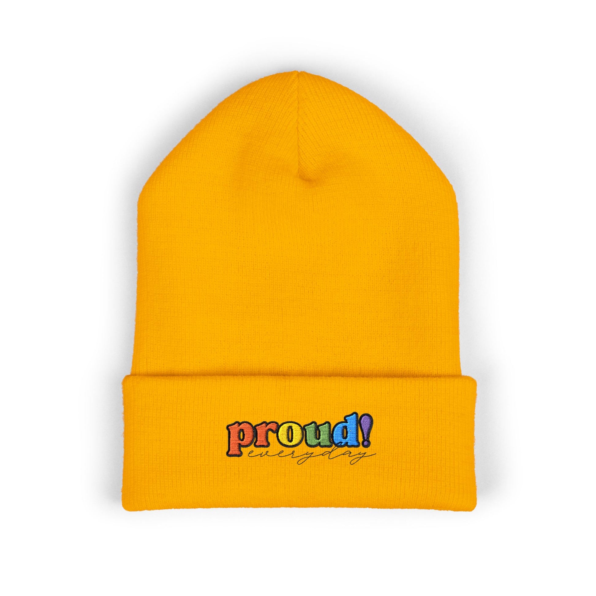 A yellow beanie with “proud everyday" embroidered in rainbow colors perfect for the LGBTQ community from the Worldwide PRIDE store.