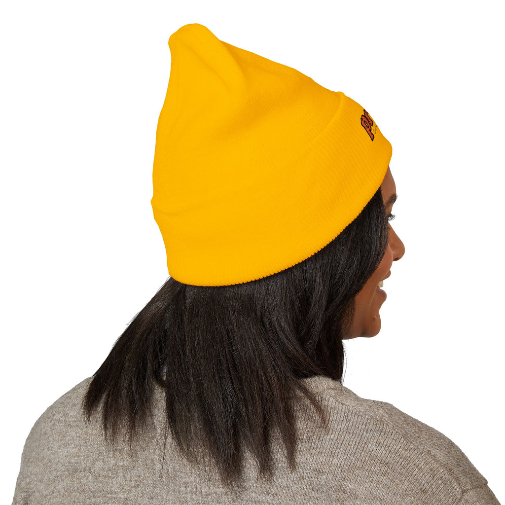 Back view of a person wearing a yellow beanie with “proud everyday" embroidered in rainbow colors and a heather brown sweater, looking slightly to the side with a neutral expression. Perfect for the LGBTQ community from the Worldwide PRIDE store.