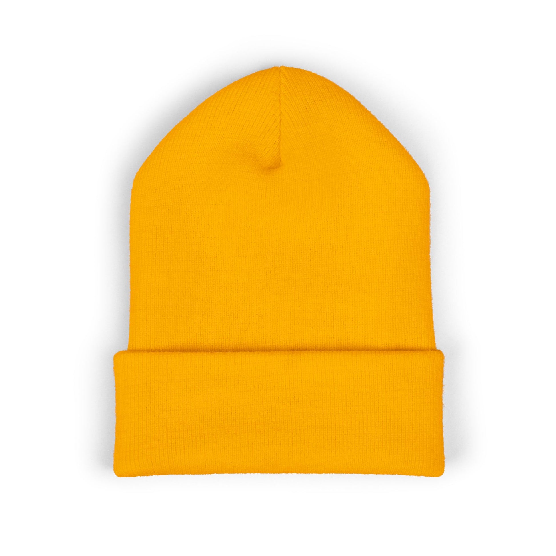 Back view of a yellow beanie from the Worldwide PRIDE store.