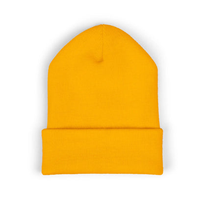 Back view of a yellow beanie from the Worldwide PRIDE store.