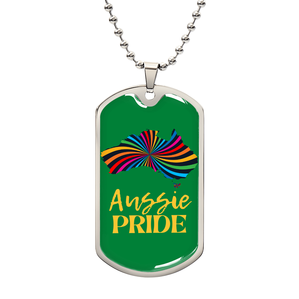 This metal dog tag necklace, featuring a ball chain, proudly showcases a graphic in the shape of Australia filled with rainbow swirls on the front, reflecting the spirit of Worldwide PRIDE, the back is customizable and engraved separately, celebrating and connecting with the LGBTQ community globally.
