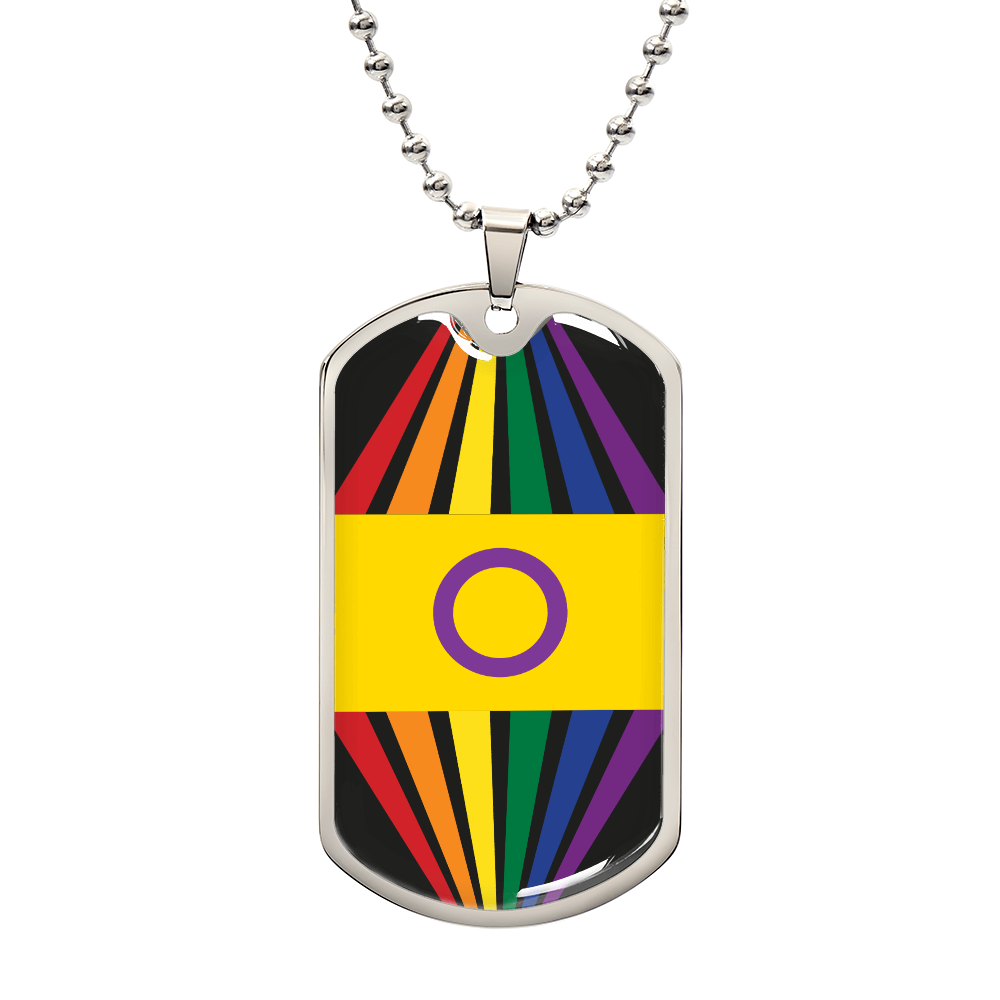 A silver dog tag necklace features a colorful design with rainbow stripes and a yellow section with a purple circle, for the intersex community celebrating Worldwide PRIDE. The back of the tag is engravable.