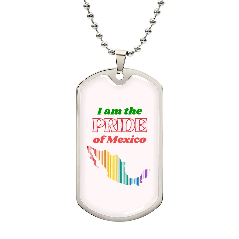 This metal dog tag necklace, featuring a ball chain, proudly showcases a graphic in the shape of Mexico filled with stripes in the order of  the rainbow on the front, reflecting the spirit of Worldwide PRIDE. The back is customizable and engraved separately, celebrating and connecting with the LGBTQ community globally.
