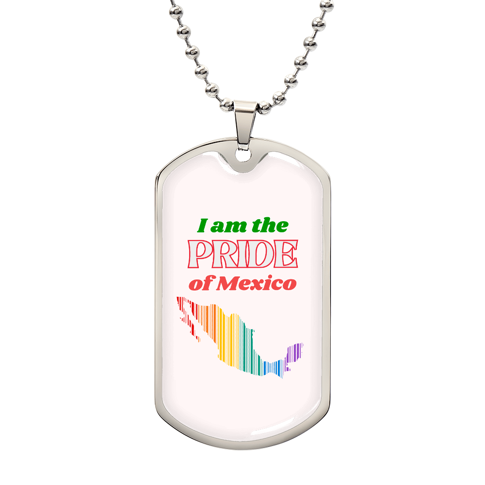 This metal dog tag necklace, featuring a ball chain, proudly showcases a graphic in the shape of Mexico filled with stripes in the order of  the rainbow on the front, reflecting the spirit of Worldwide PRIDE. The back is customizable and engraved separately, celebrating and connecting with the LGBTQ community globally.