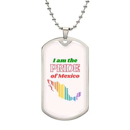 This metal dog tag necklace, featuring a ball chain, proudly showcases a graphic in the shape of Mexico filled with stripes in the order of  the rainbow on the front, reflecting the spirit of Worldwide PRIDE. The back is customizable and engraved separately, celebrating and connecting with the LGBTQ community globally.