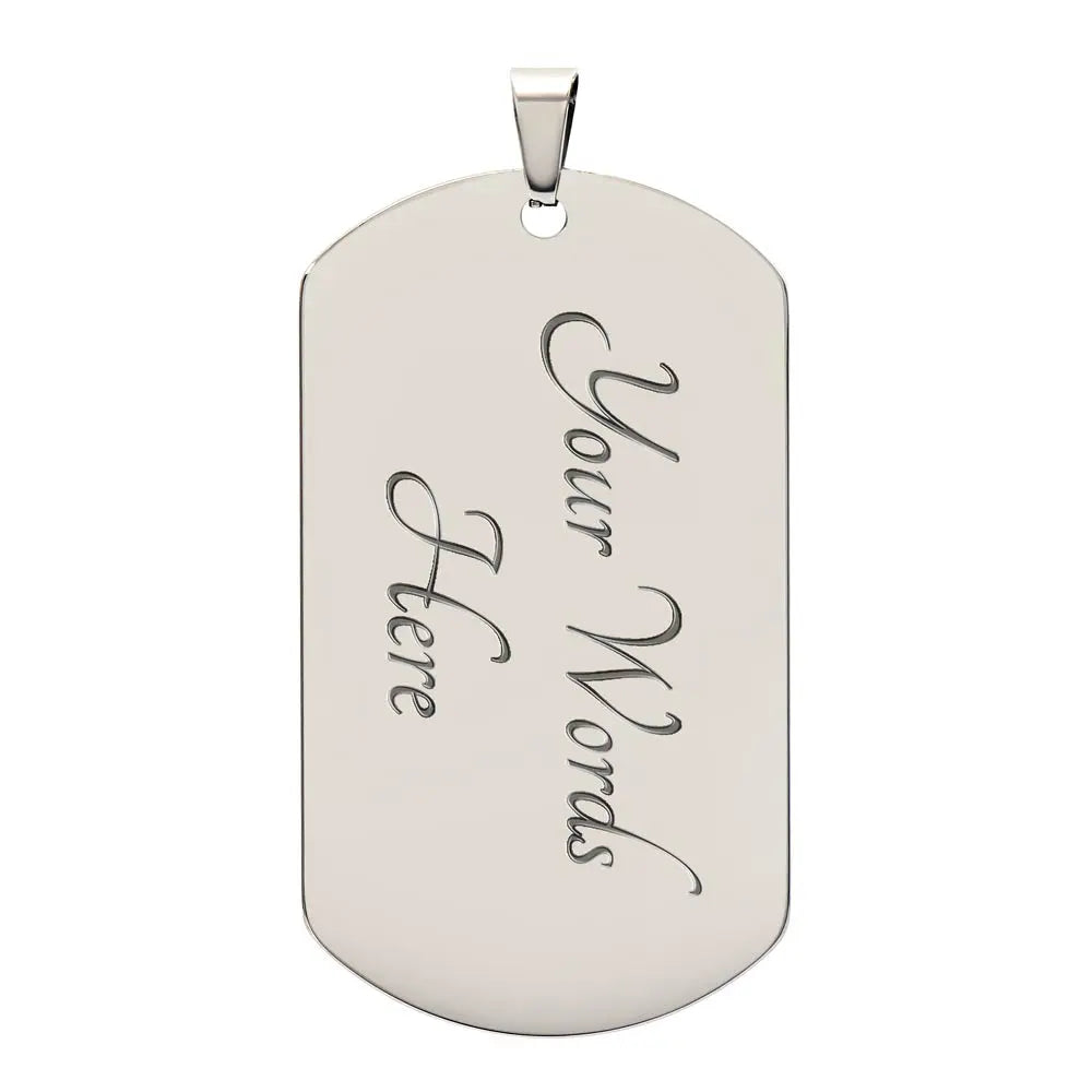 The back of a silver dog tag pendant. This side is customizable with your engraved name. The front image celebtates the LGBTQ community.