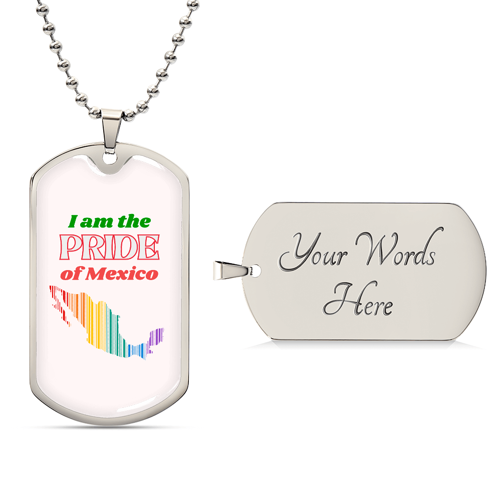 This metal dog tag necklace, featuring a ball chain, proudly showcases a graphic in the shape of Mexico filled with stripes in the order of  the rainbow on the front, reflecting the spirit of Worldwide PRIDE. The back is customizable and engraved separately, celebrating and connecting with the LGBTQ community globally.