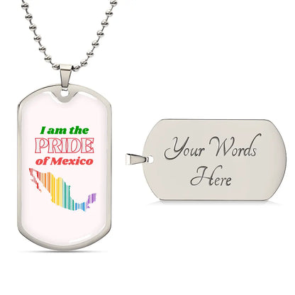 This metal dog tag necklace, featuring a ball chain, proudly showcases a graphic in the shape of Mexico filled with stripes in the order of  the rainbow on the front, reflecting the spirit of Worldwide PRIDE. The back is customizable and engraved separately, celebrating and connecting with the LGBTQ community globally.