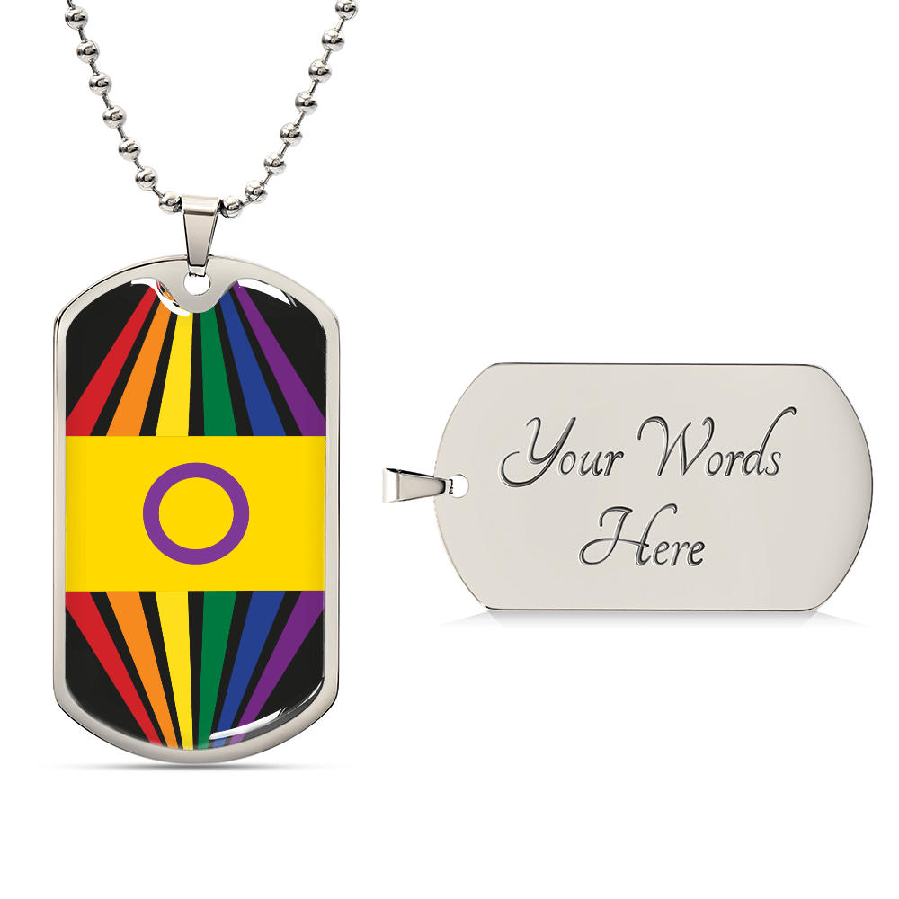 A silver dog tag necklace features a colorful design with rainbow stripes and a yellow section with a purple circle, for the intersex community celebrating Worldwide PRIDE. The back of the tag is personalizable and currently engraved with the words Your Words Here.