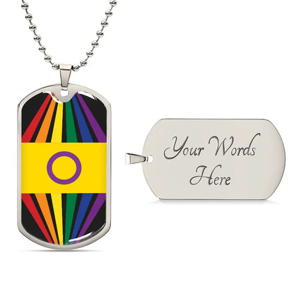 A silver dog tag necklace features a colorful design with rainbow stripes and a yellow section with a purple circle, for the intersex community celebrating Worldwide PRIDE. The back of the tag is personalizable and currently engraved with the words Your Words Here.