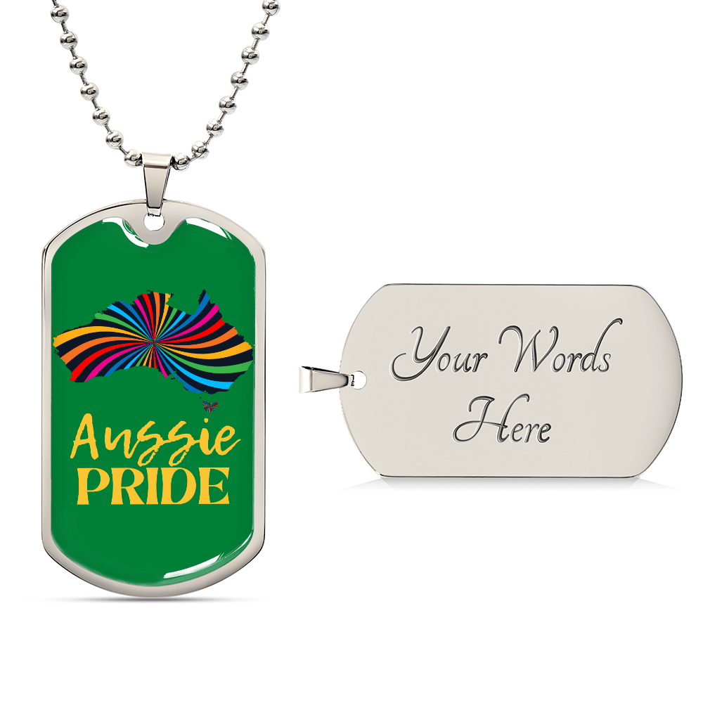 This metal dog tag necklace, featuring a ball chain, proudly showcases a graphic in the shape of Australia filled with rainbow swirls on the front, reflecting the spirit of Worldwide PRIDE, the back is customizable and engraved separately, celebrating and connecting with the LGBTQ community globally.