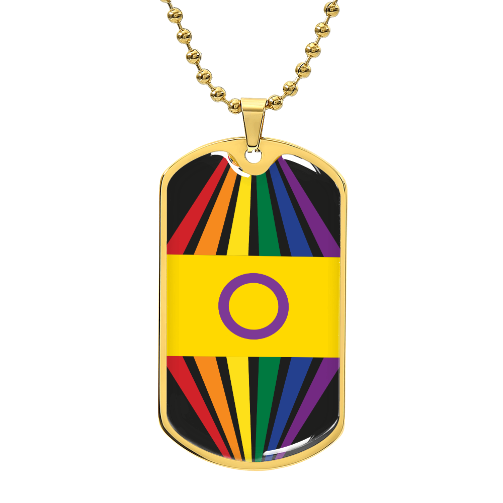 A gold dog tag necklace features a colorful design with rainbow stripes and a yellow section with a purple circle, for the intersex community celebrating Worldwide PRIDE. The back of the tag is engravable.