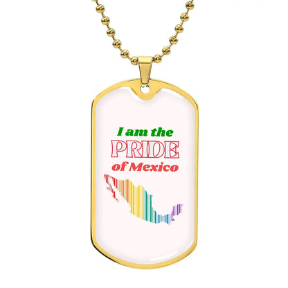 This metal dog tag necklace, featuring a ball chain, proudly showcases a graphic in the shape of Mexico filled with stripes in the order of  the rainbow on the front, reflecting the spirit of Worldwide PRIDE. The back is customizable and engraved separately, celebrating and connecting with the LGBTQ community globally.