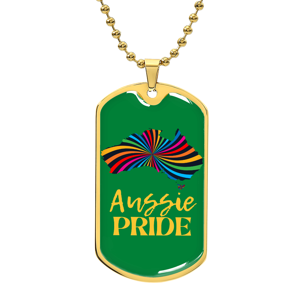 This metal dog tag necklace, featuring a ball chain, proudly showcases a graphic in the shape of Australia filled with rainbow swirls on the front, reflecting the spirit of Worldwide PRIDE, the back is customizable and engraved separately, celebrating and connecting with the LGBTQ community globally.