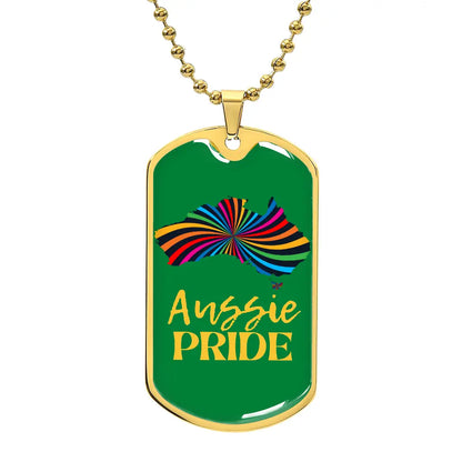 This metal dog tag necklace, featuring a ball chain, proudly showcases a graphic in the shape of Australia filled with rainbow swirls on the front, reflecting the spirit of Worldwide PRIDE, the back is customizable and engraved separately, celebrating and connecting with the LGBTQ community globally.
