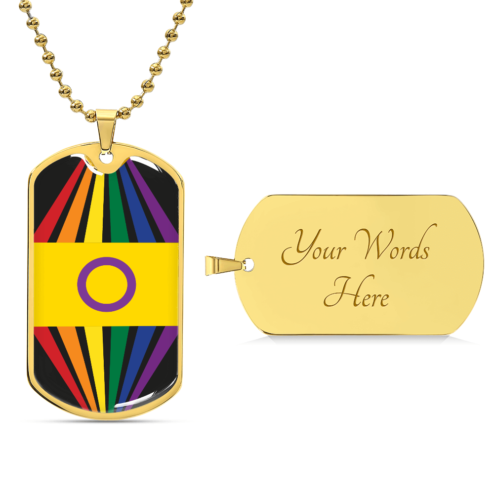 A gold dog tag necklace features a colorful design with rainbow stripes and a yellow section with a purple circle, for the intersex community celebrating Worldwide PRIDE. The back of the tag is personalizable and currently engraved with the words Your Words Here.