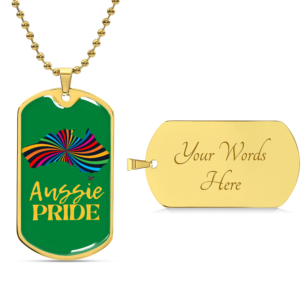 This metal dog tag necklace, featuring a ball chain, proudly showcases a graphic in the shape of Australia filled with rainbow swirls on the front, reflecting the spirit of Worldwide PRIDE, the back is customizable and engraved separately, celebrating and connecting with the LGBTQ community globally.