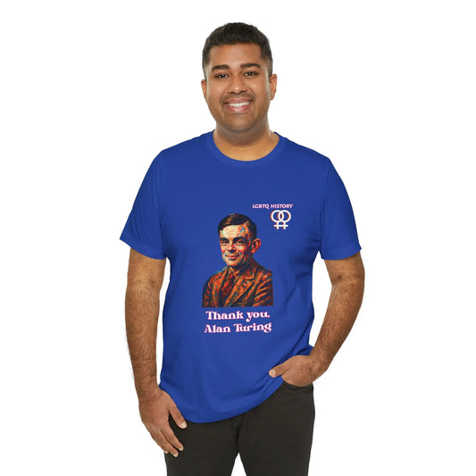Man wearing a blue t-shirt with an Alan Turing graphic and text on a white background