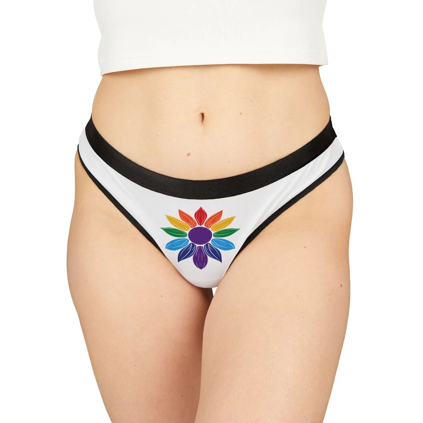 White underwear with a colorful flower design on a white background
