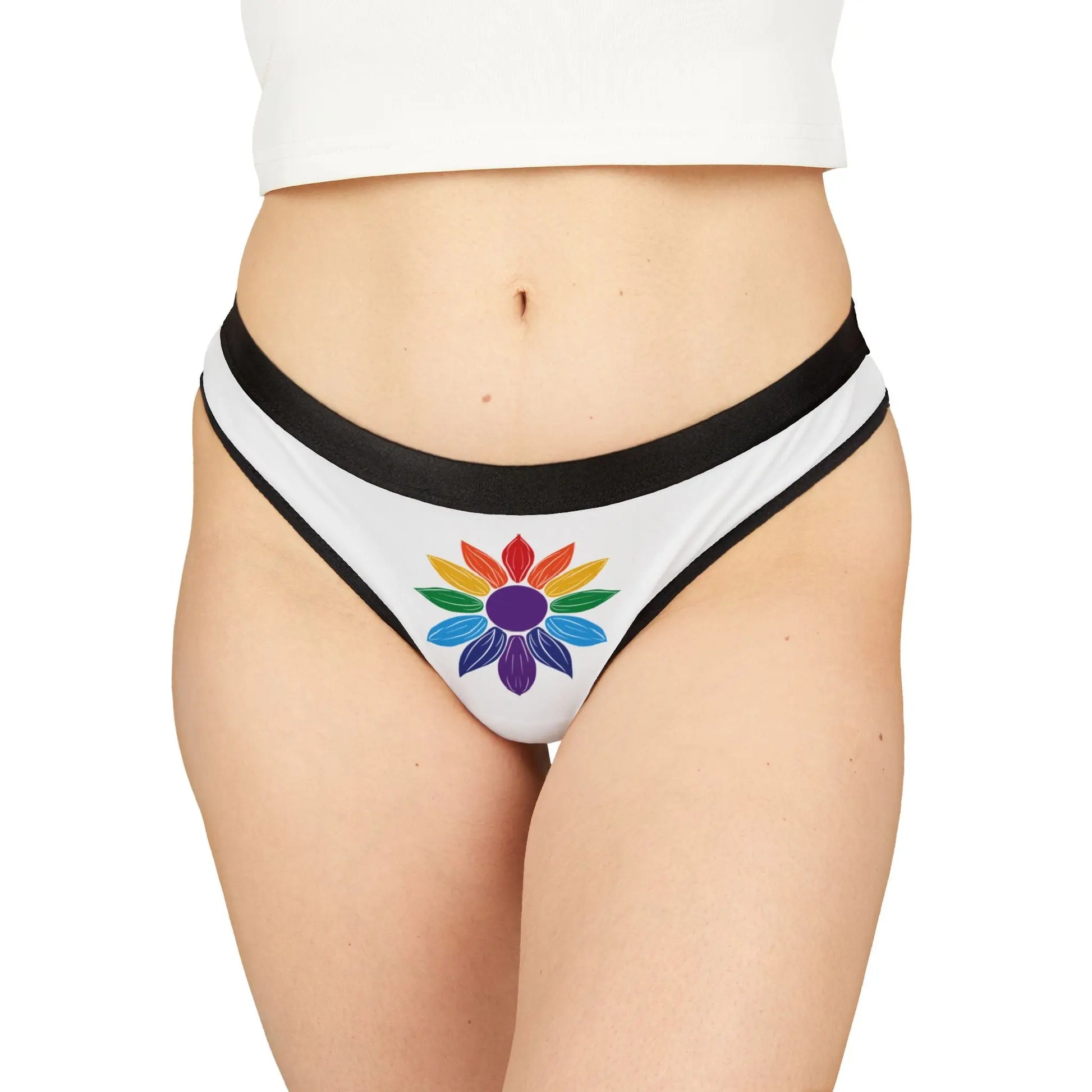 White underwear with a colorful flower design on a white background