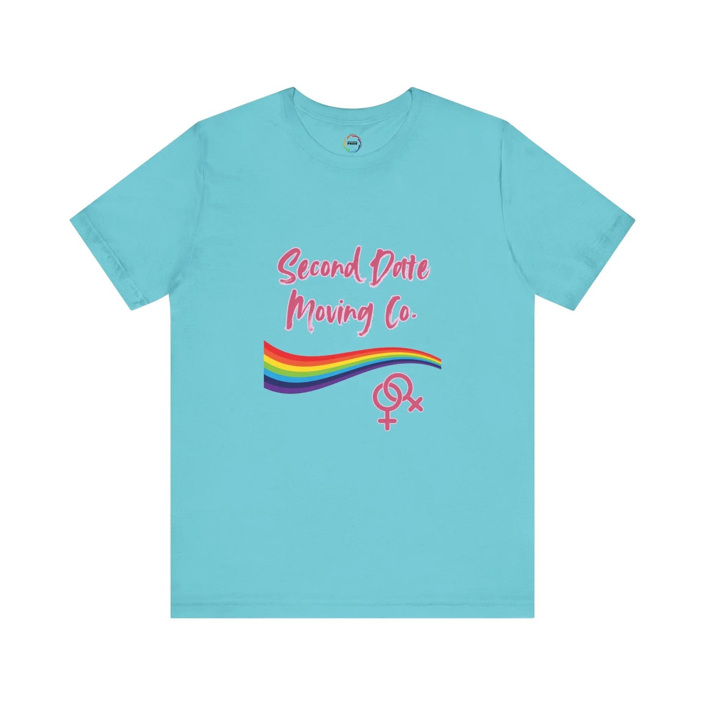 Agua t-shirt with pink text and rainbow design on a white background