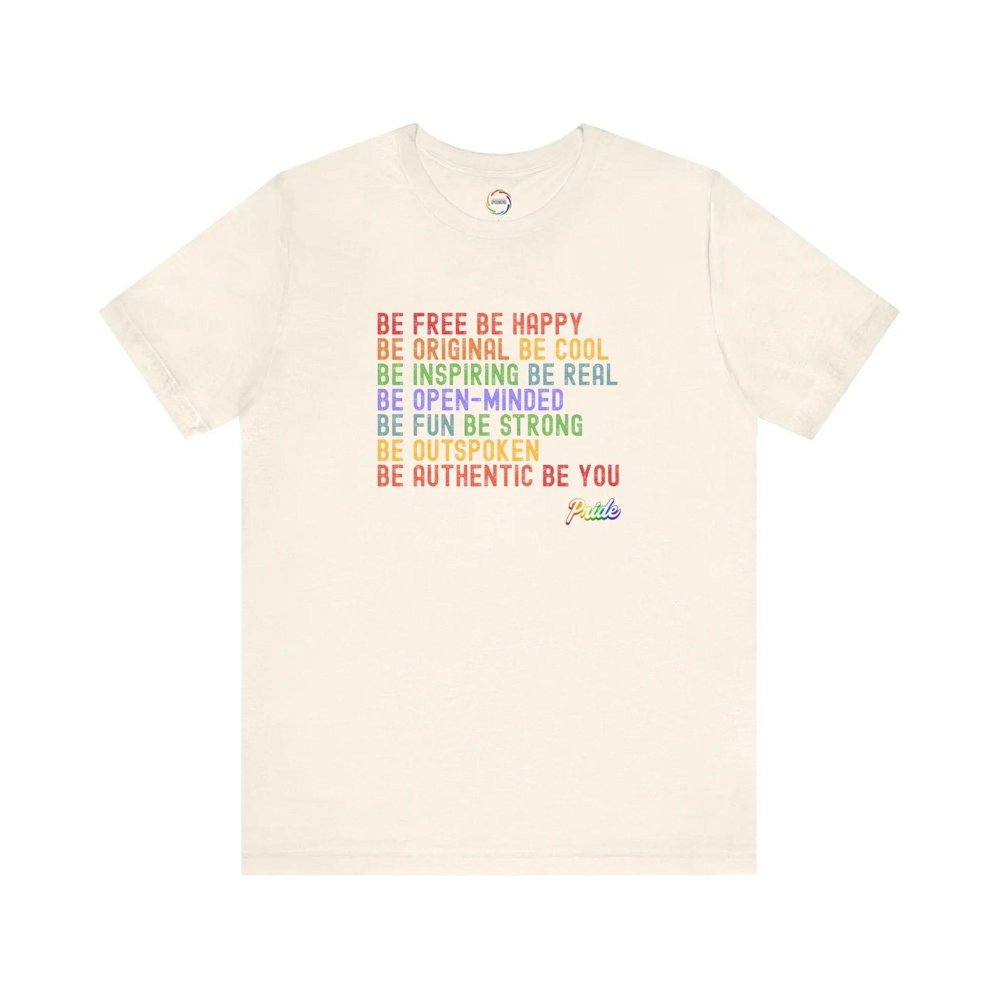 Beige t-shirt with motivational quote in colorful letters on a white background