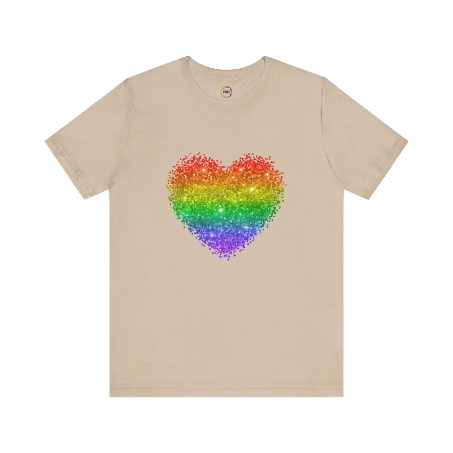 A beige t-shirt with a glitter rainbow heart design.