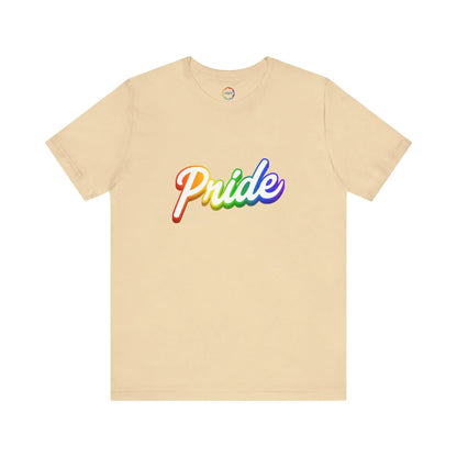 Beige t-shirt with 'Pride' in rainbow colors on a white background