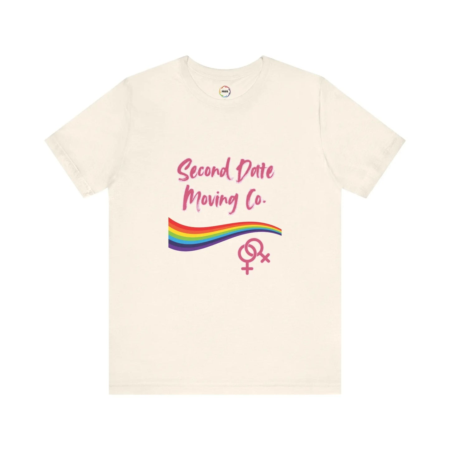 Beige t-shirt with 'Second Date Moving Co.' text and rainbow design on a white background