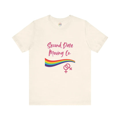 Beige t-shirt with 'Second Date Moving Co.' text and rainbow design on a white background