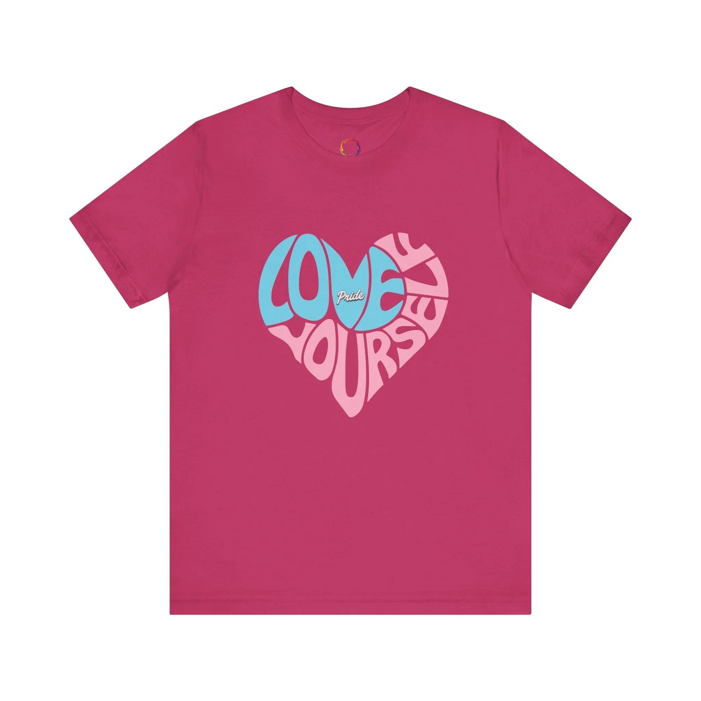 Berry t-shirt with "Love Yourself" written in the colors that represent the transgender community.