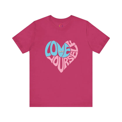 Berry t-shirt with "Love Yourself" written in the colors that represent the transgender community.