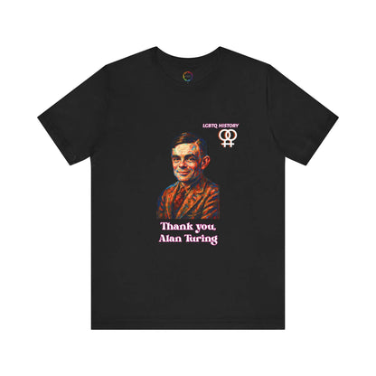 Black t-shirt with a graphic of Alan Turing and text on a white background