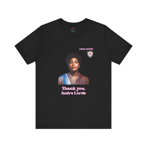 Black t-shirt with graphic of Audre Lorde and text 'Thank you, Audre Lorde' on a white background