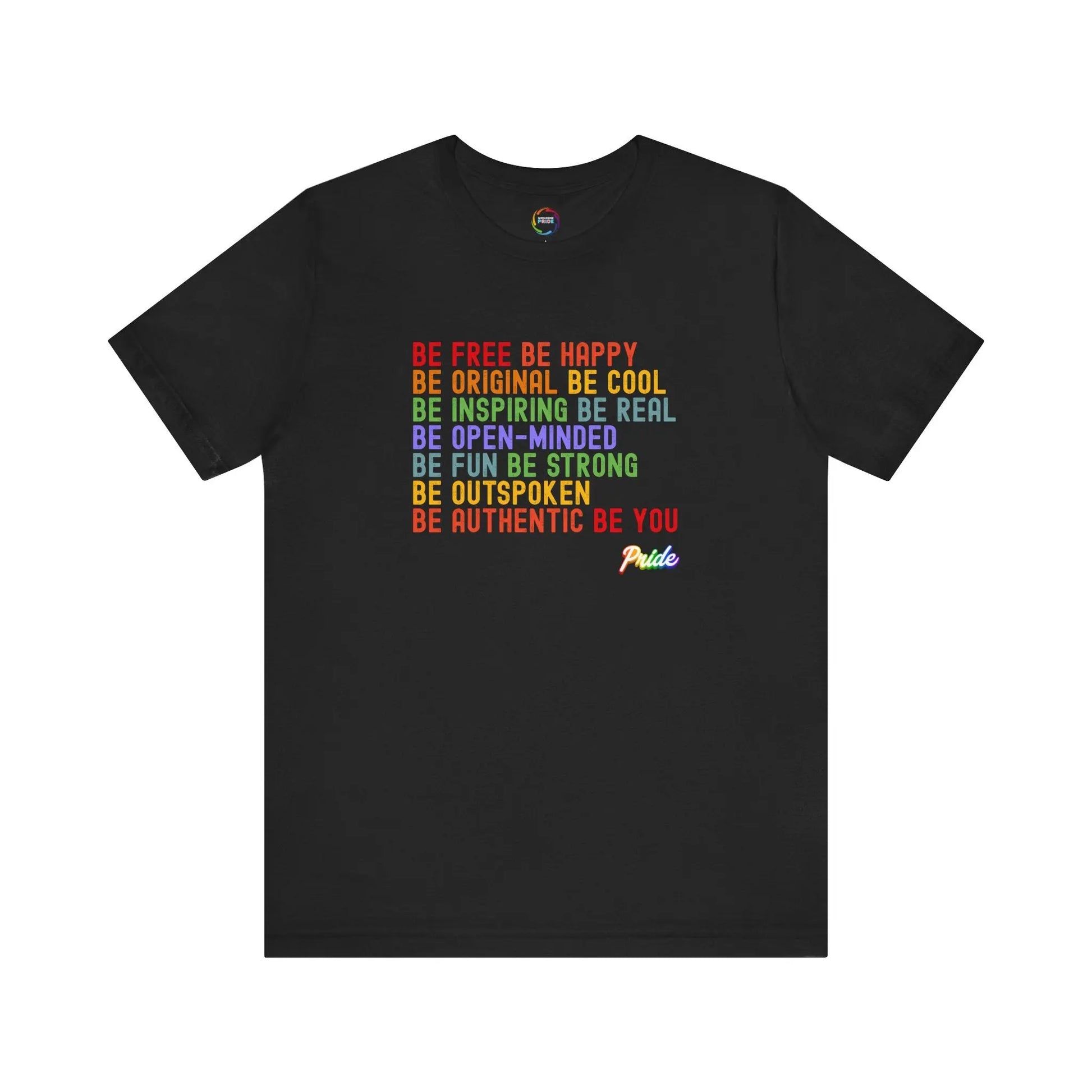 Black t-shirt with colorful motivational text on a white background